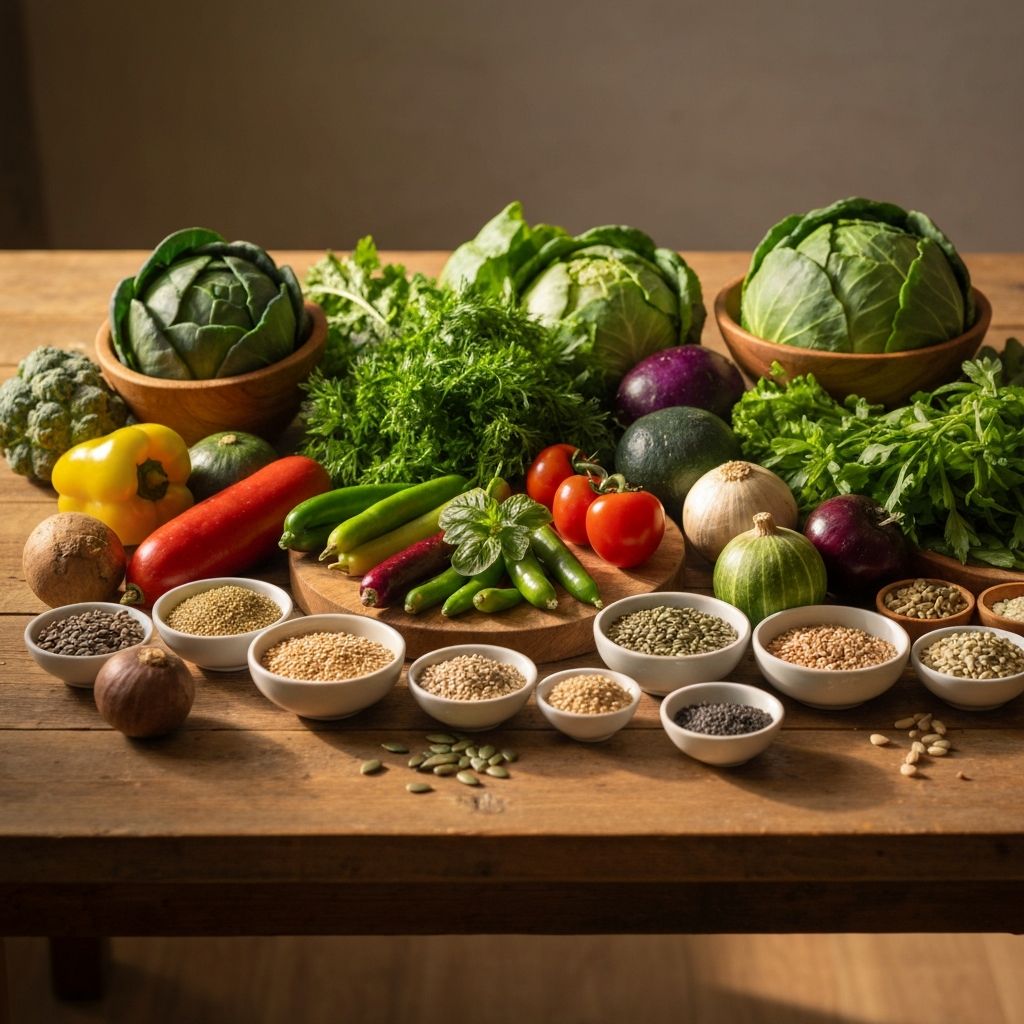 Fresh seasonal vegetables and wholesome organic produce arranged on a wooden table